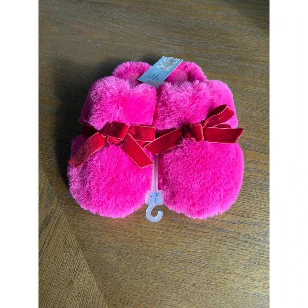 Cat & Jack Girls Pink Faux Fur Slippers Red Velvet Bow Size L 4/5 New